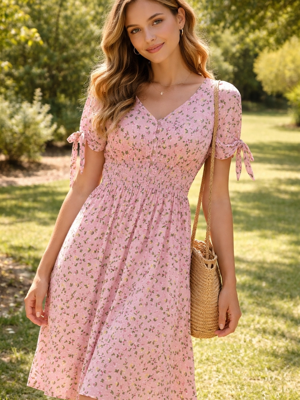 Reborn J Pink Floral V-Neck Smocked Midi Dress